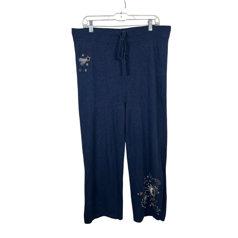 Johnny Was Cashmere Knit Pants Women L Navy Blue Excellent Celestial Embroidered